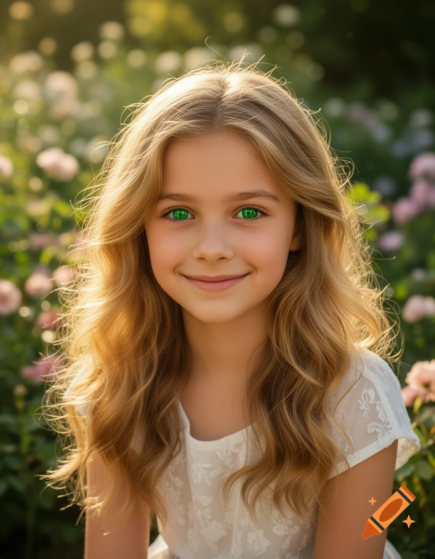 A smiling young girl with long golden hair and vibrant green eyes, wearing a white lace dress, stands in a sunlit garden with blurred flowers.