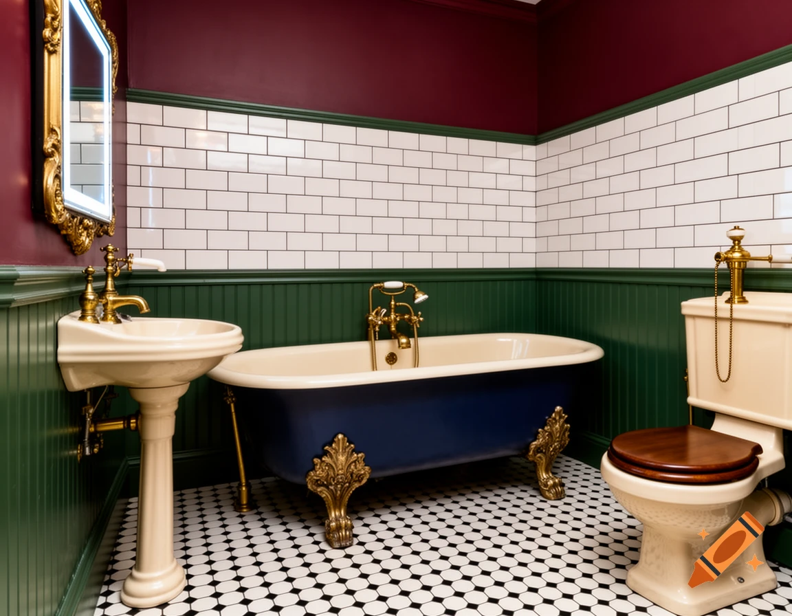 A luxurious Victorian-style bathroom featuring a navy blue clawfoot tub, a pedestal sink, and a high-cistern toilet with brass fixtures. It has black and white hexagonal floor tiles, dark green wainscoting, white subway tiles, and burgundy upper walls.