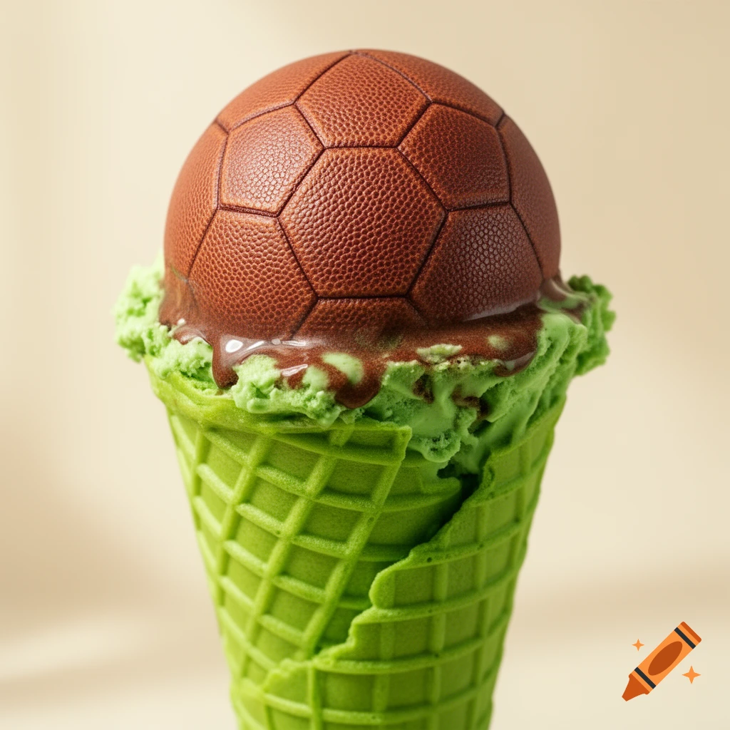 Photorealistic football-shaped ice cream scoop melting onto green ice cream in a green waffle cone.