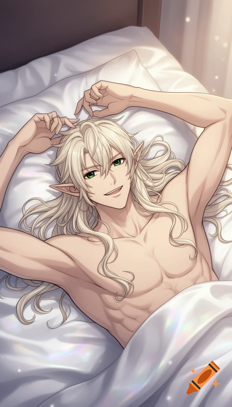 Anime-style elf man with long platinum blonde hair and green eyes, smiling casually while lying shirtless in white satin sheets.