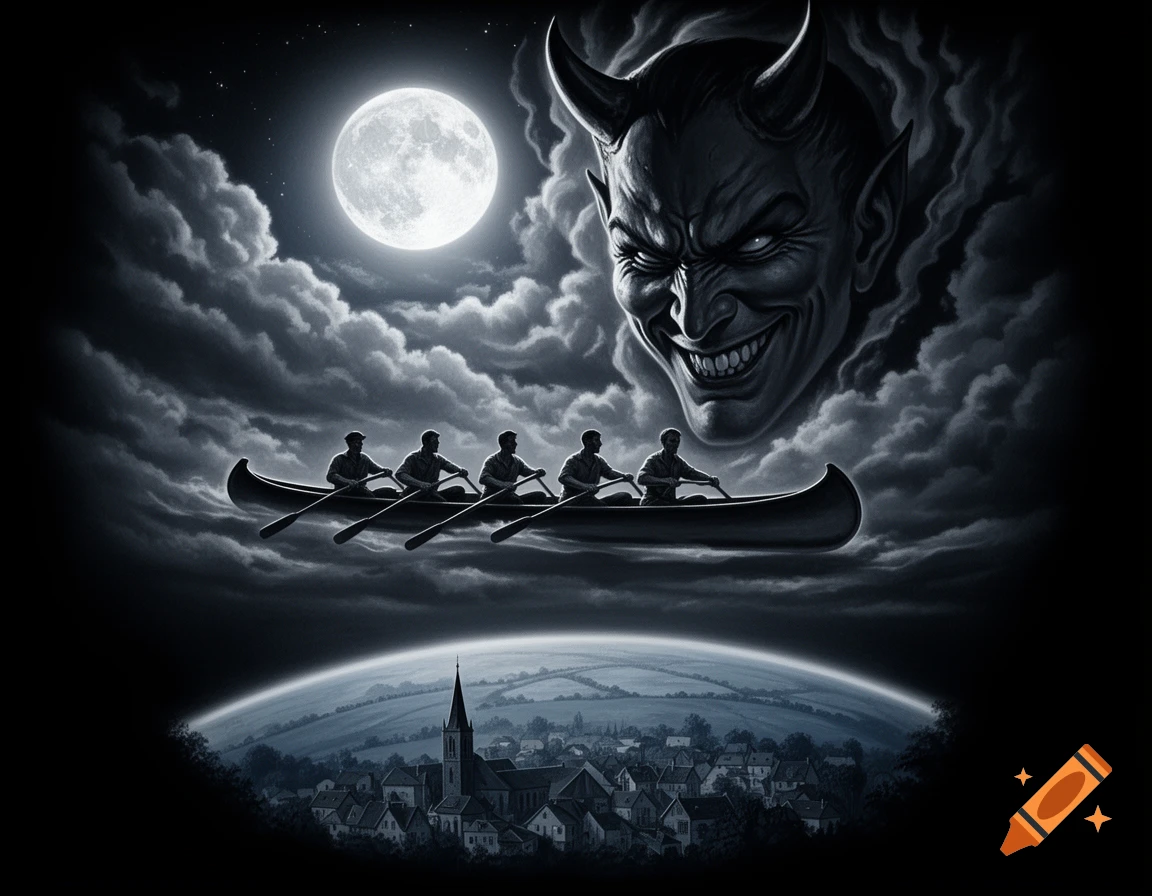 Tattoo-style illustration of four men rowing a canoe under a full moon, with a grinning devil face in the clouds above a village.