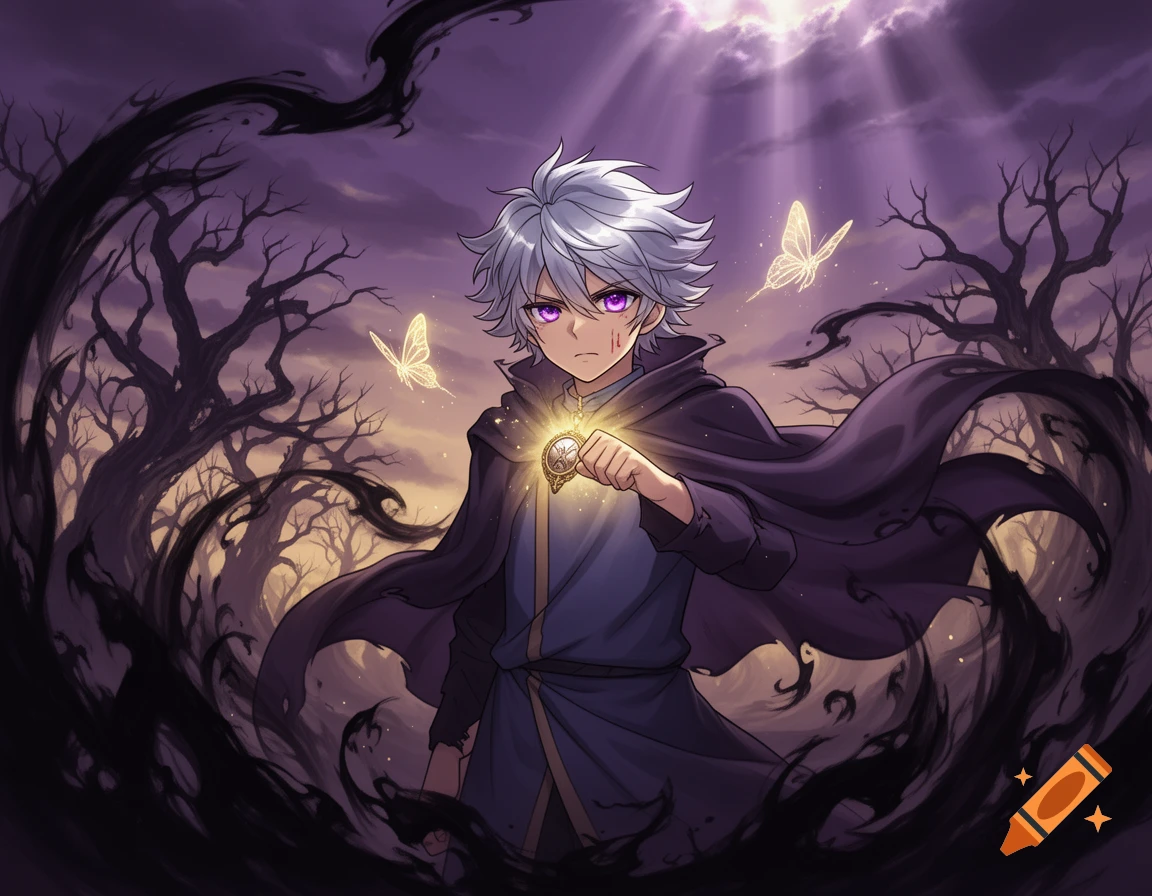 A white-haired anime boy with purple eyes and a dark cloak holds a glowing medallion in a forest of gnarled trees.