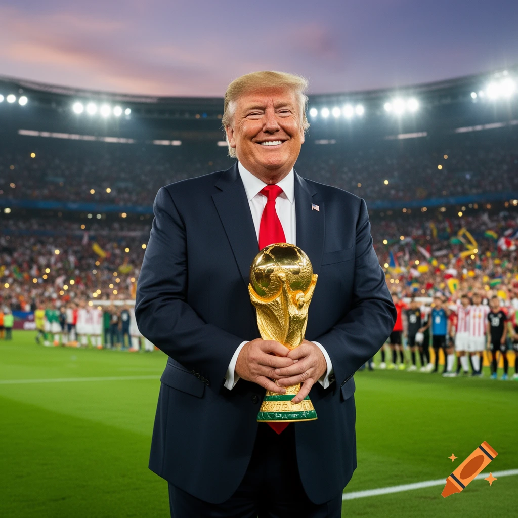 Photorealistic image of Donald Trump smiling, holding the golden World Cup trophy in a packed soccer stadium.
