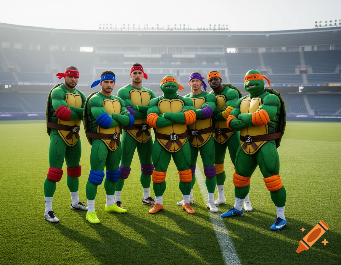 Seven men dressed as muscular Teenage Mutant Ninja Turtles, six with human faces and one with a turtle mask, stand on a green soccer field in a stadium.