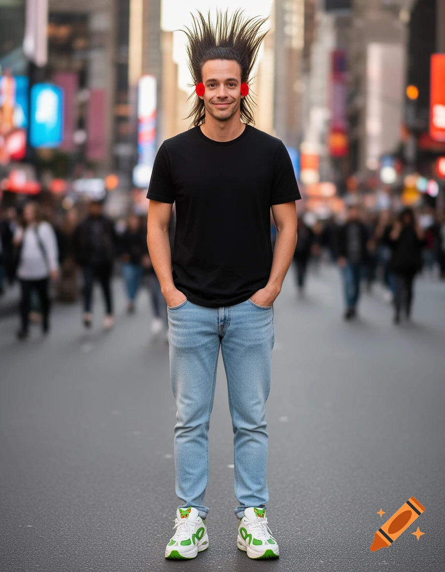 A man with spiky hair, a black t-shirt, light jeans, and white-green shoes stands in a blurred city street.