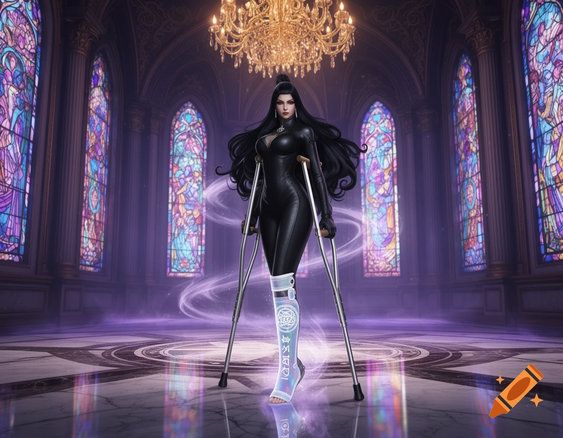 A dark-haired woman in a black catsuit stands with crutches in a gothic church with stained glass windows, one leg in a luminous cast.