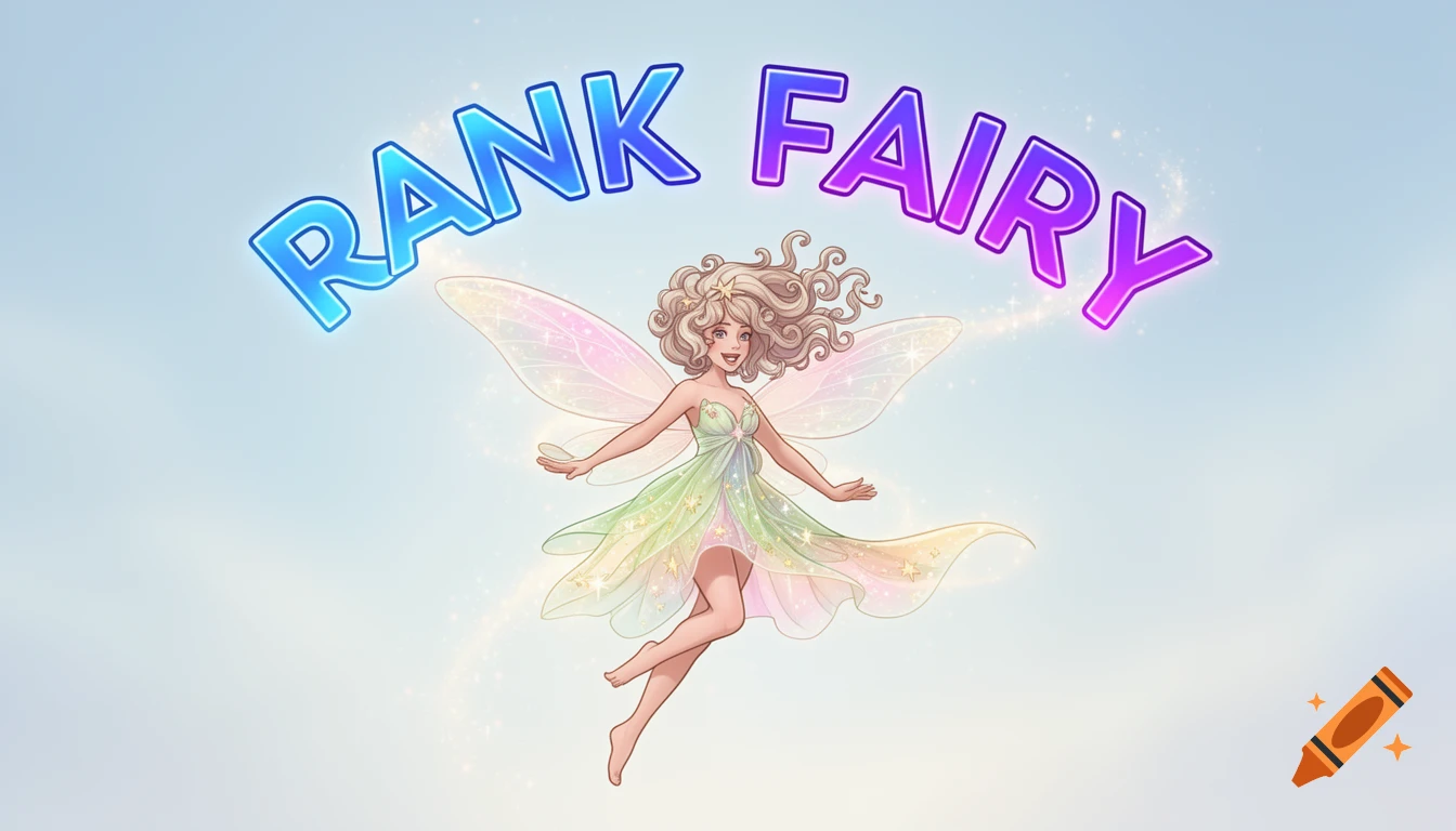 A cartoon fairy with blonde curly hair and colorful wings floats in the sky, with the text 'RANK FAIRY' arched above her.