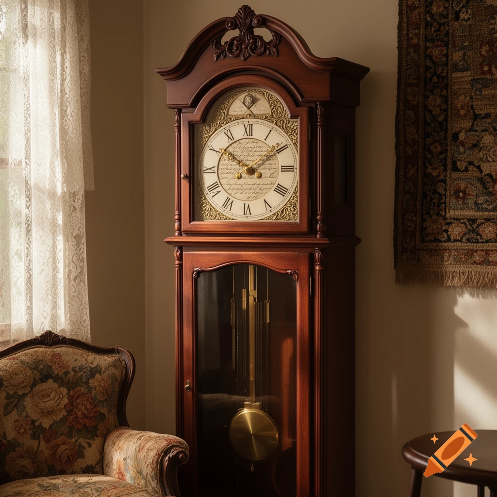 A photorealistic image of a classic dark wood grandfather clock with a white dial, Roman numerals, and ornate details in a dimly lit room with an armchair and an antique rug.