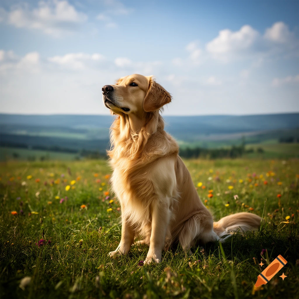 A photorealistic Golden Retriever dog sits in a sunny field of wildflowers, looking up at the blue sky with clouds.