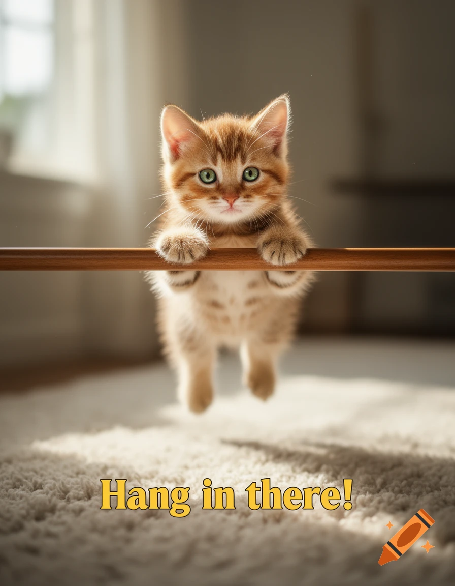 A fluffy ginger kitten hangs onto a wooden bar with its paws, looking at the viewer. Below, the text reads "Hang in there!"