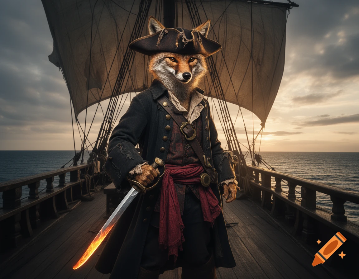A photorealistic humanoid fox pirate stands on a ship's deck, holding a glowing sword against a cloudy sunset sea.
