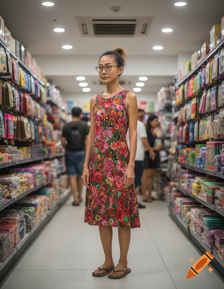 A skinny Asian woman with glasses, a messy ponytail, and a floral sleeveless dress stands in a store aisle, wearing flip-flops.