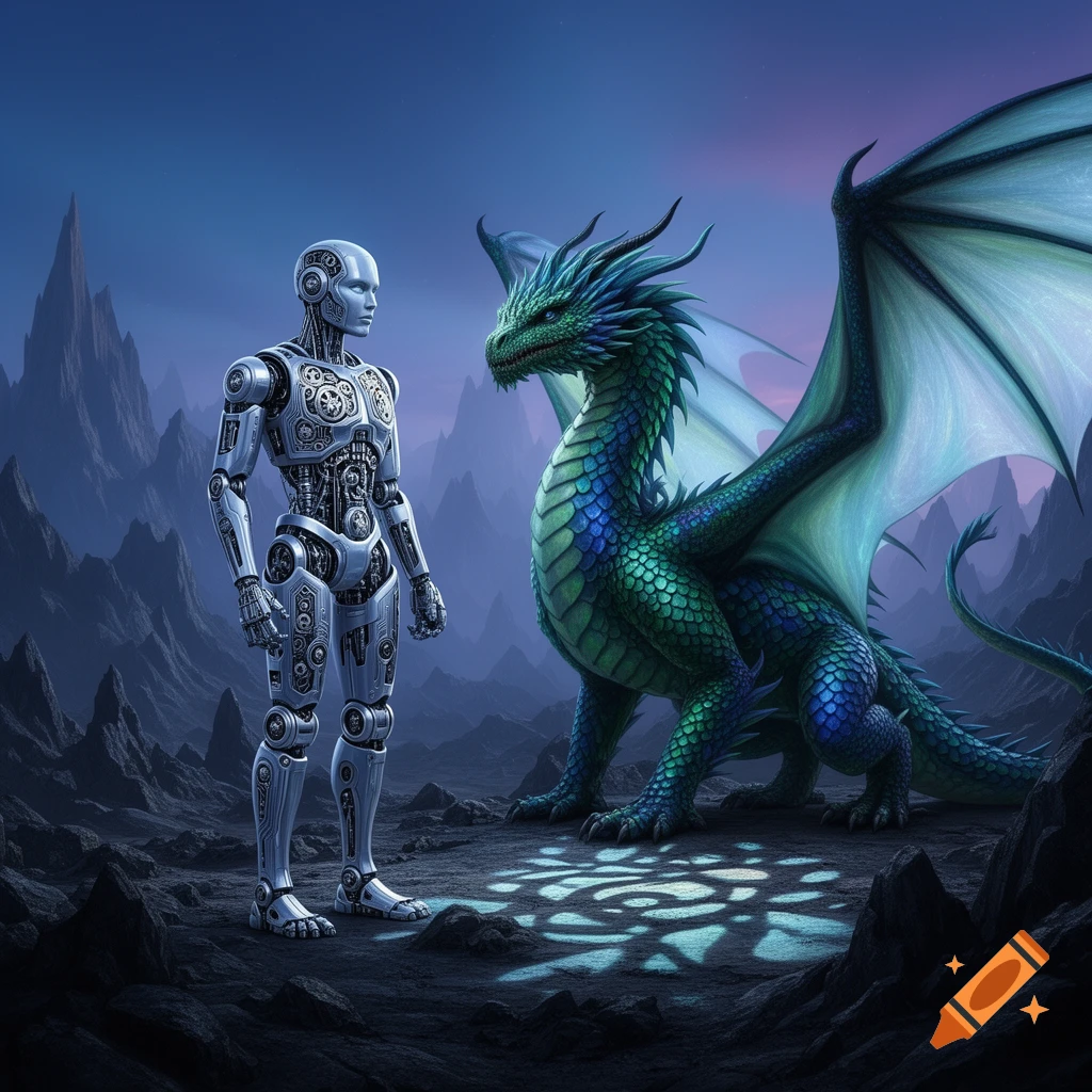 A silver robot stands facing a large green and blue winged dragon in a rugged, alien landscape under a twilight sky.