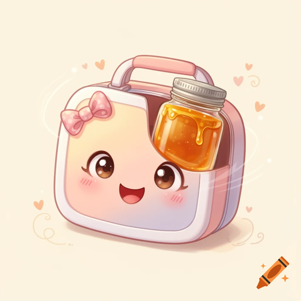 A sweet cartoon lunchbox with a big smile, big eyes, and a pink bow, with a jar of golden honey emerging from it.