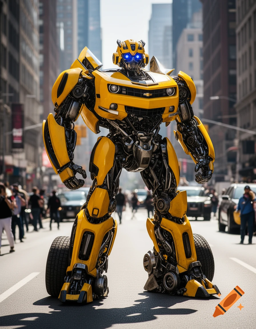 A giant yellow and black robot with glowing blue eyes, resembling Bumblebee, stands in the middle of a busy city street, with cars and people blurred in the background.