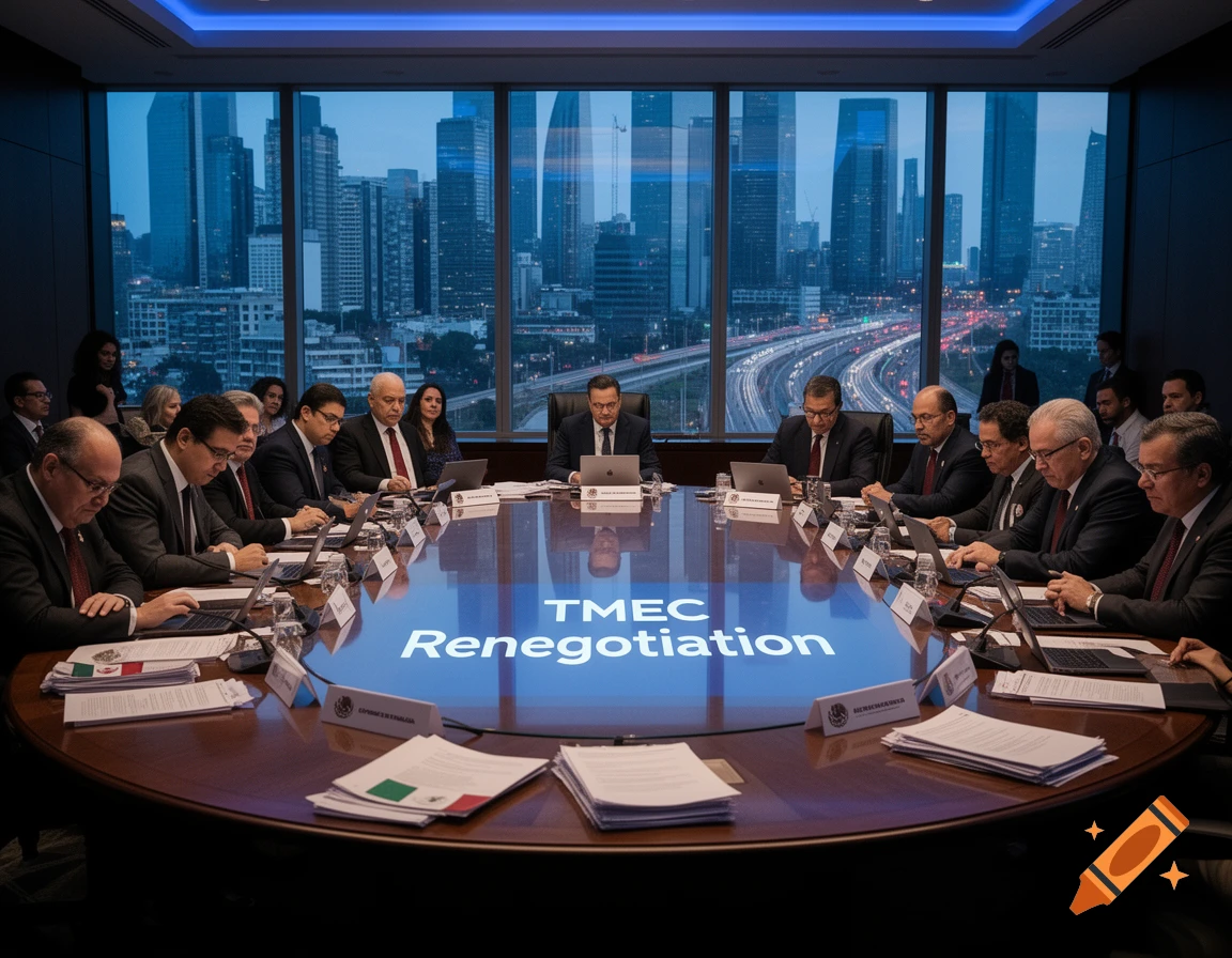 A group of people in suits sit around a large conference table with "TMEC Renegotiation" projected on it, overlooking a city skyline at night.