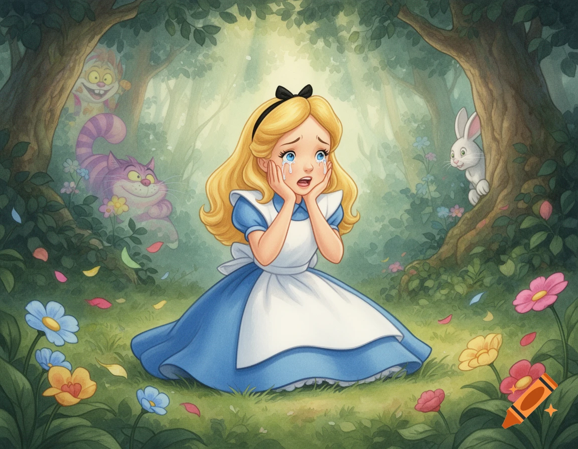 Illustrated Alice, crying in a whimsical forest with the Cheshire Cat and White Rabbit peeking from trees.