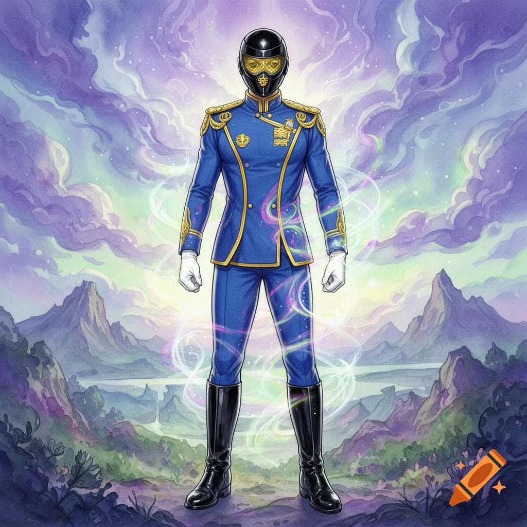 Watercolor of a character in a blue and gold uniform, black helmet, white gloves, and black boots, standing in a vibrant fantasy landscape.