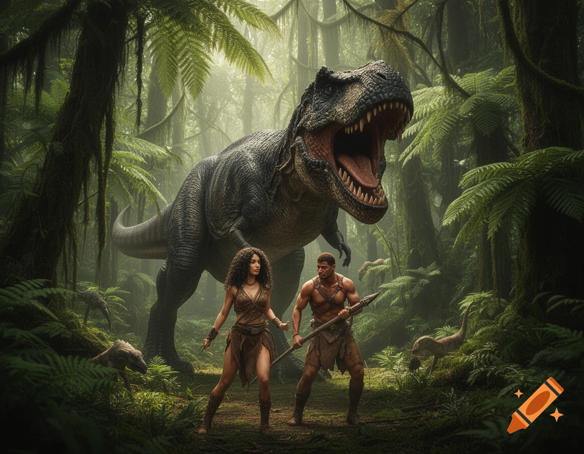 Photorealistic T-Rex roaring behind a female and male warrior with a spear in a lush, misty jungle.