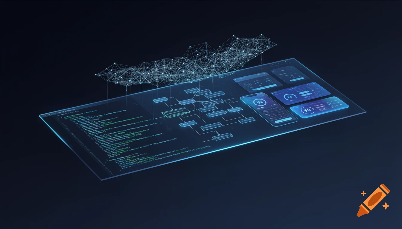 Futuristic semi-transparent hologram shows abstract code, diagrams, and UI dashboards, with a glowing neural network mesh above on a dark blue background.