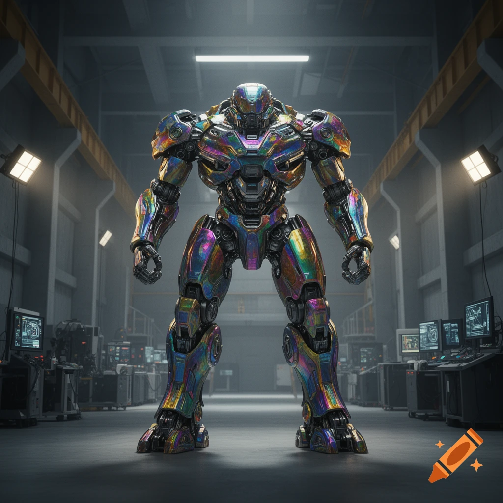 A large, colorful iridescent mech suit stands in a futuristic industrial workshop.