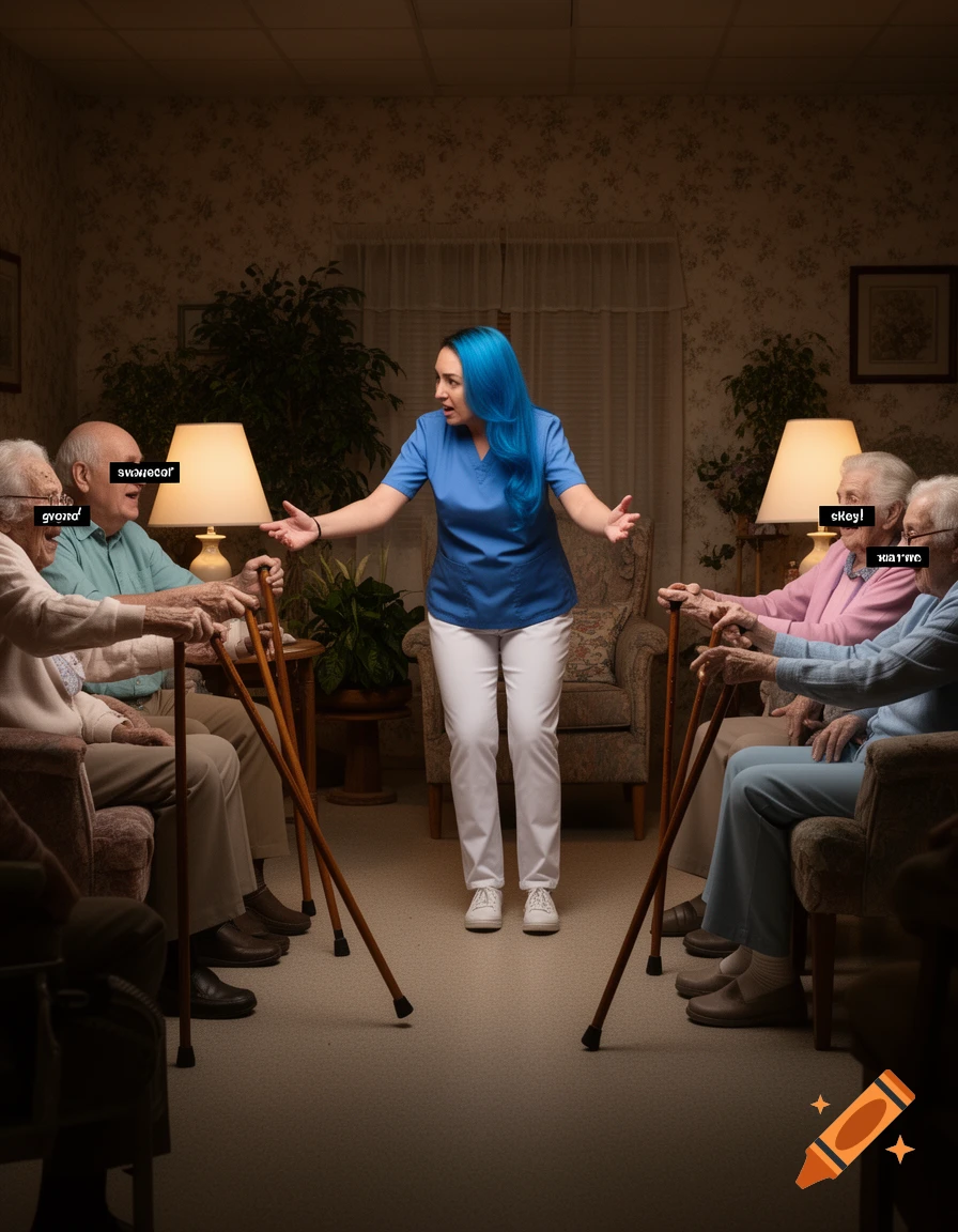 A blue-haired nurse in scrubs stands between two groups of elderly patients with canes in a nursing home lounge. Black censor bars cover the mouths of the elderly patients, which contain illegible text.