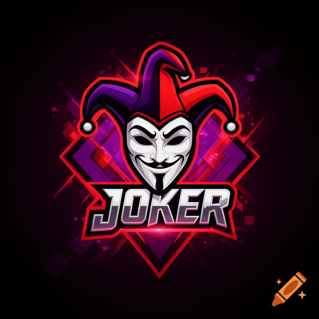 A vibrant logo featuring a white stylized Guy Fawkes-style mask with a black mustache and a red and purple jester hat, above the word 'JOKER' in a bold, metallic font. The background is dark with red and purple glowing geometric patterns.