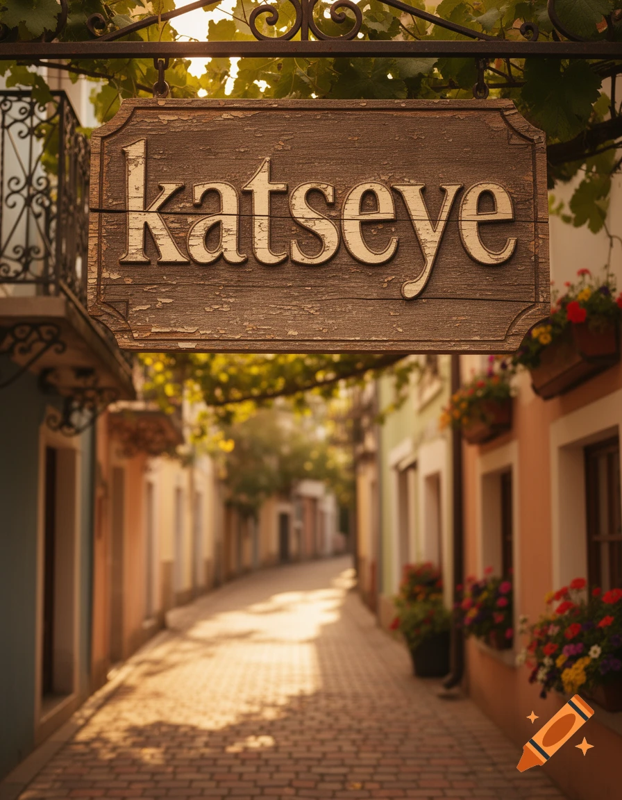 A rustic wooden sign with 'katseye' hangs above a sunlit, cobblestone street with colorful buildings.