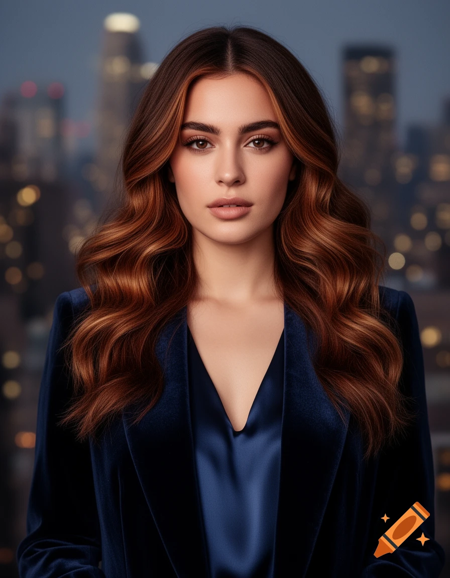 A photorealistic portrait of a woman with long wavy brown hair wearing a blue velvet blazer, against a blurred city lights background.