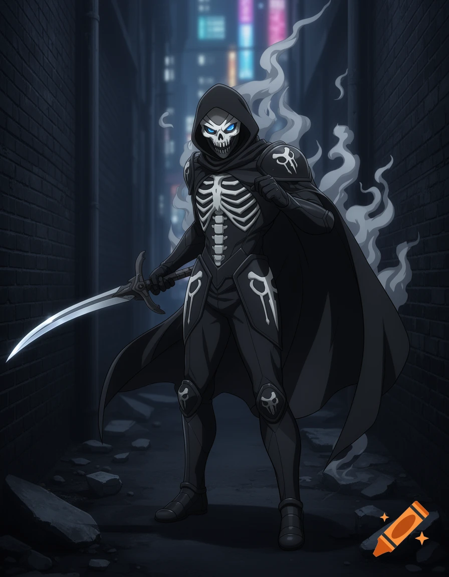 An anime-style vigilante in a black skeleton suit and hooded cloak with blue glowing eyes holds a sword in a dark alley.