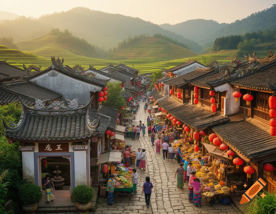 A bustling traditional Chinese market street with people, red lanterns, traditional architecture, and terraced fields in the background.