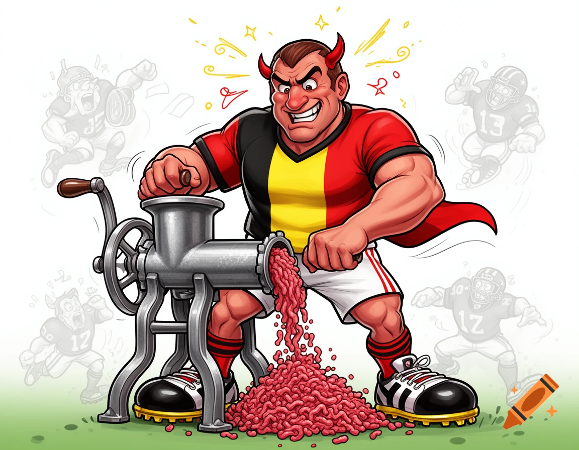 A cartoon devil-horned football player in a Belgium flag jersey grinds meat in a mill, with ghosted players in the background.