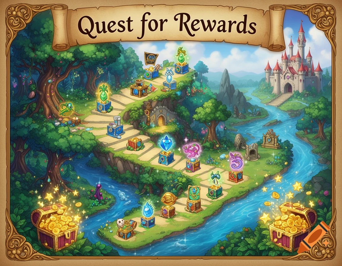 An illustrated fantasy quest map with a path to a castle, a forest, river, reward icons, and treasure chests.