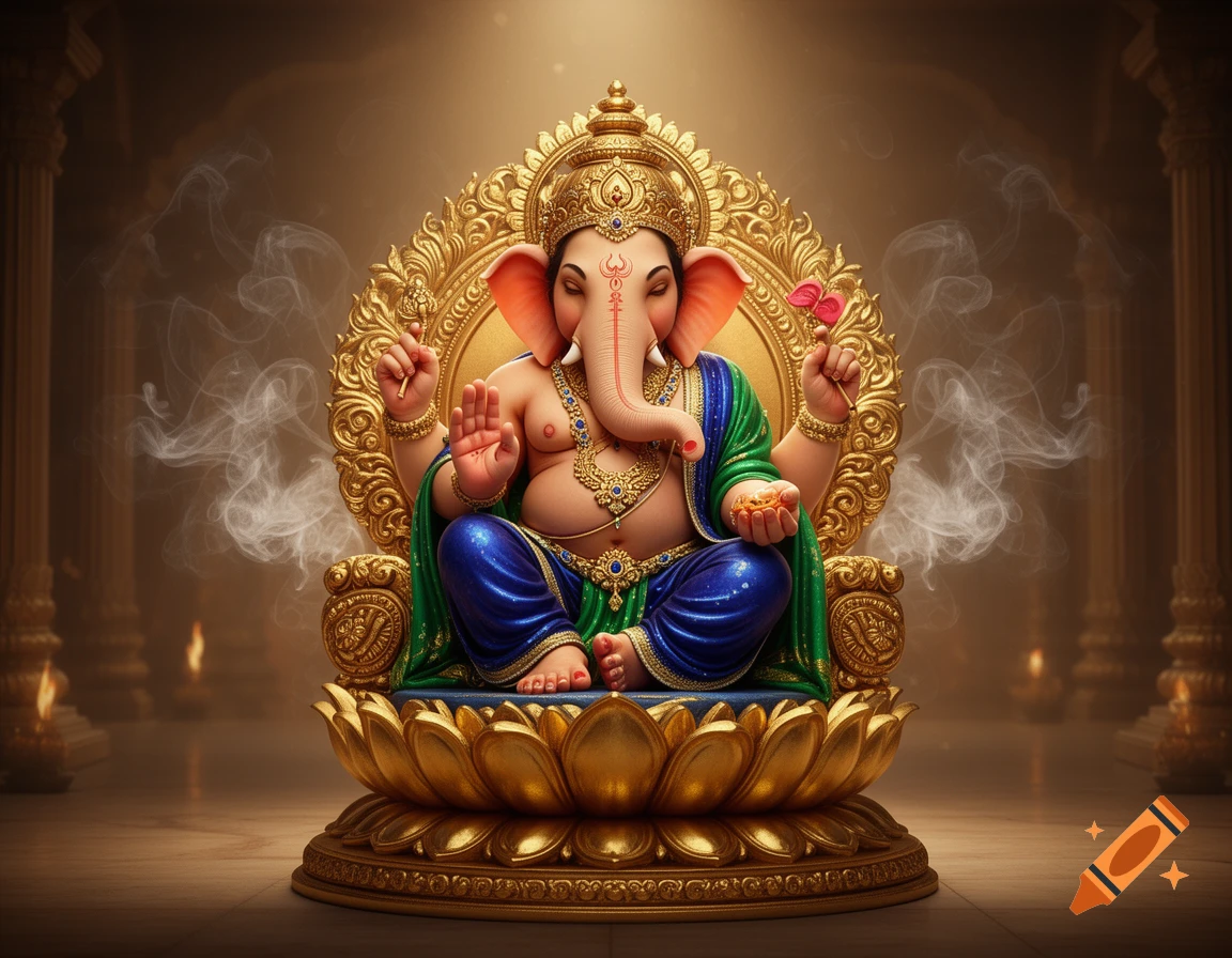 A highly detailed 3D digital art depiction of the Hindu god Ganesha seated on a golden lotus throne, casting a blessing in a temple with atmospheric smoke.