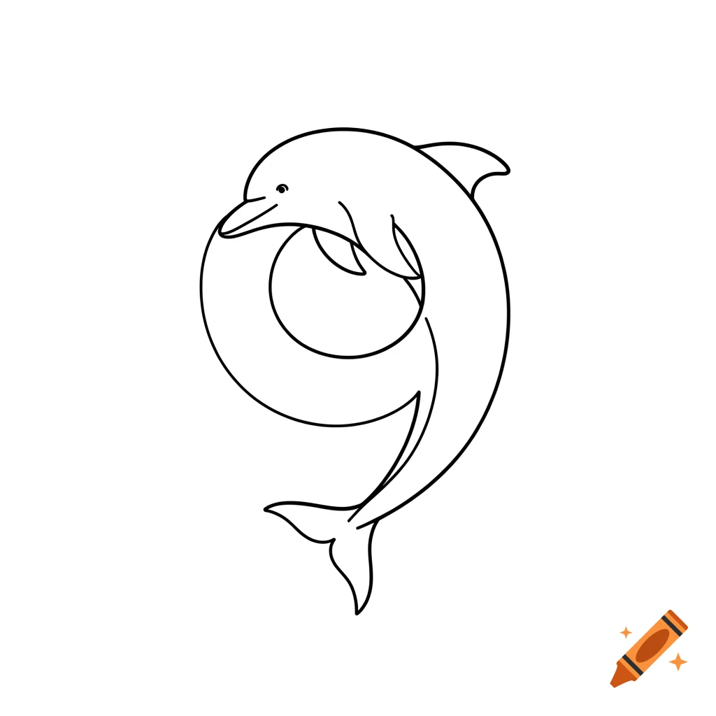 Minimalist black and white line drawing of a dolphin whose body is curved into the shape of the number 9, leaping in a circle.