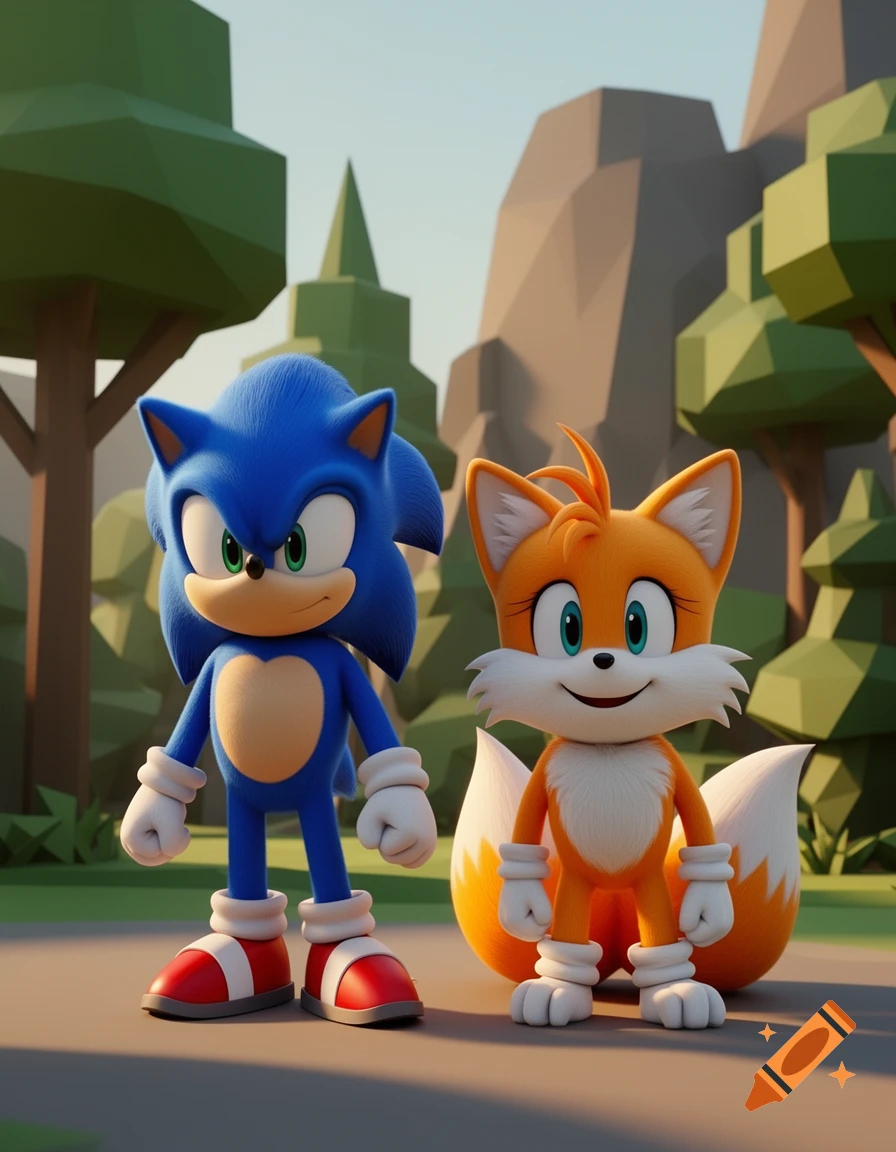 Sonic the Hedgehog and Tails standing on a path with low-poly trees and mountains in the background, rendered in a 3D animation style.