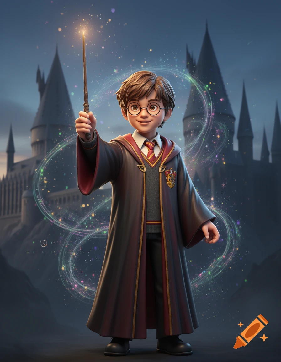 Stylized cartoon young wizard resembling Harry Potter, holding a glowing wand in front of a castle.