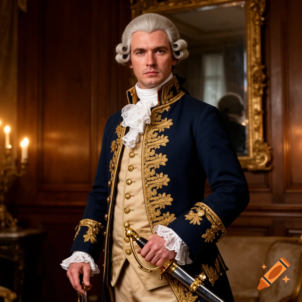 A man in a navy and gold embroidered 18th-century coat and powdered wig holds a sword in a grand room.