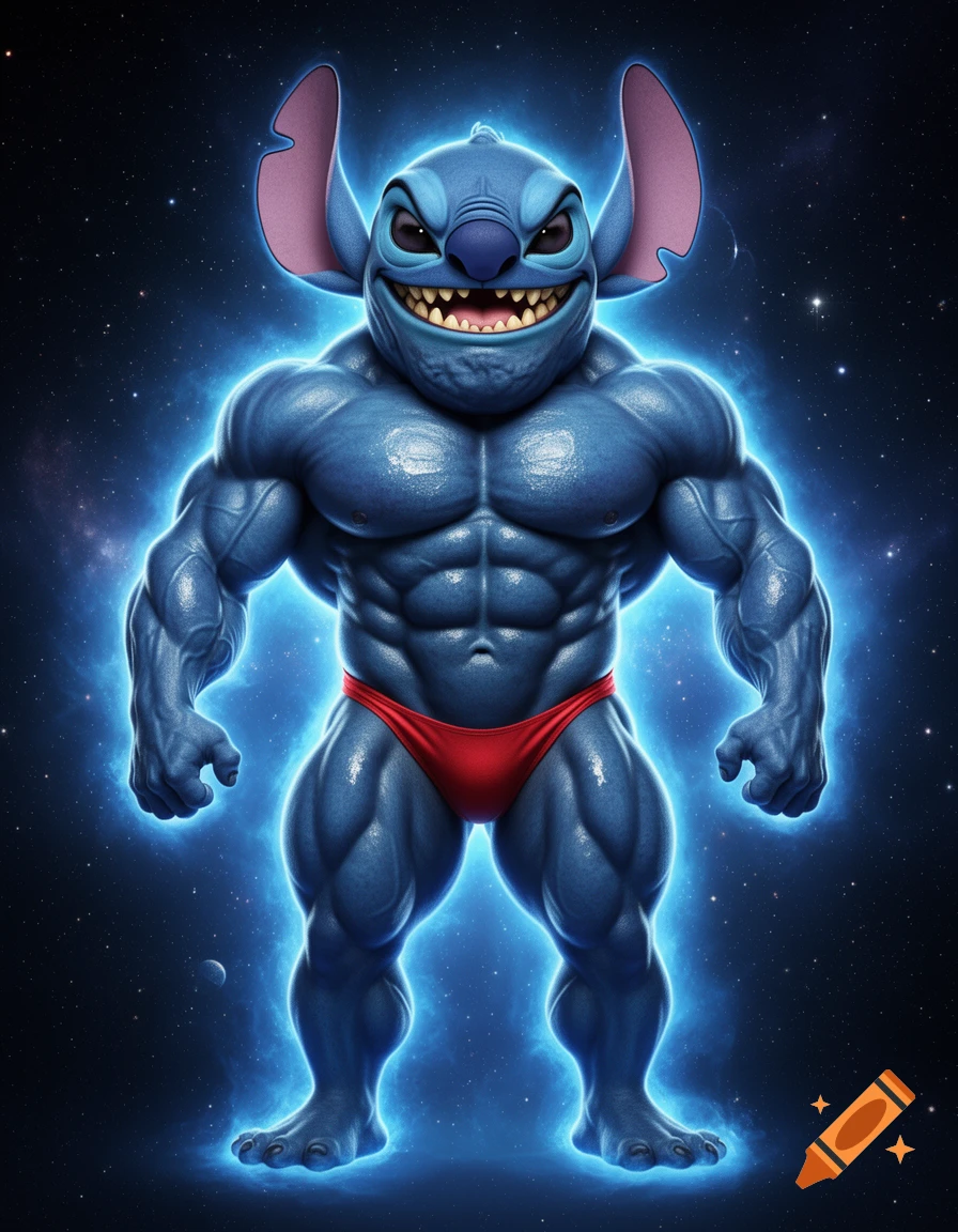 A hyper-muscular, blue Stitch from Lilo & Stitch, wearing a red posing thong and glowing with a blue aura, stands in space.