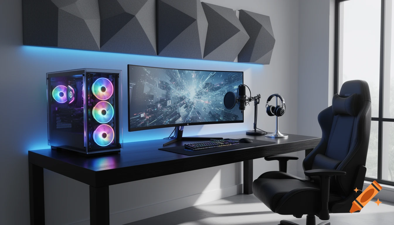 A modern gaming and streaming setup with a desktop PC, ultrawide monitor, microphone, headphones, and a gaming chair.