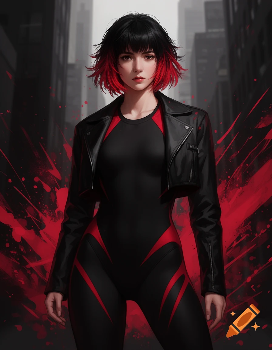 A woman with black and red hair, wearing a black leotard with red accents and a crop jacket, against a city with red splatters.
