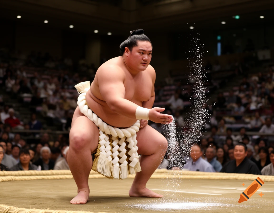 A sumo wrestler crouches in a ring, throwing salt into the air as spectators watch in the background.