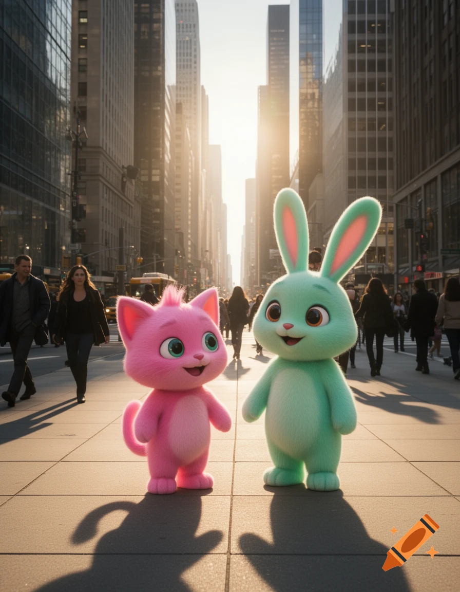 A pink cat character and a green rabbit character stand on a sunny city sidewalk with tall buildings in the background.