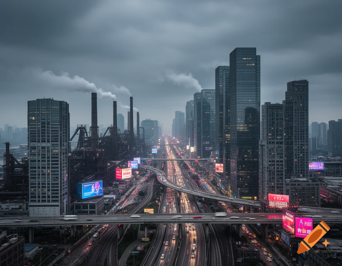 A sprawling industrial city at dusk under a cloudy sky, with highways, tall buildings, factories with smoking chimneys, and neon signs.