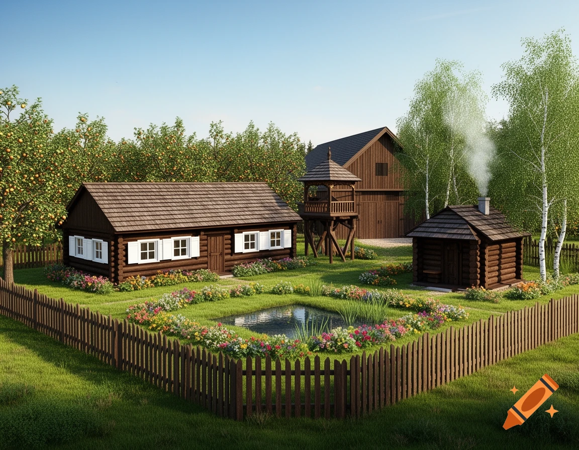 Photorealistic 3D rendering of a Lithuanian homestead with log houses, a lookout tower, a pond, and an apple orchard.