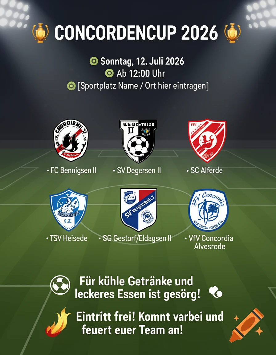 A dark green football field graphic advertises the "CONCORDENCUP 2026" event with dates, times, and a list of six team logos. Promotional text for food and free entry is at the bottom.