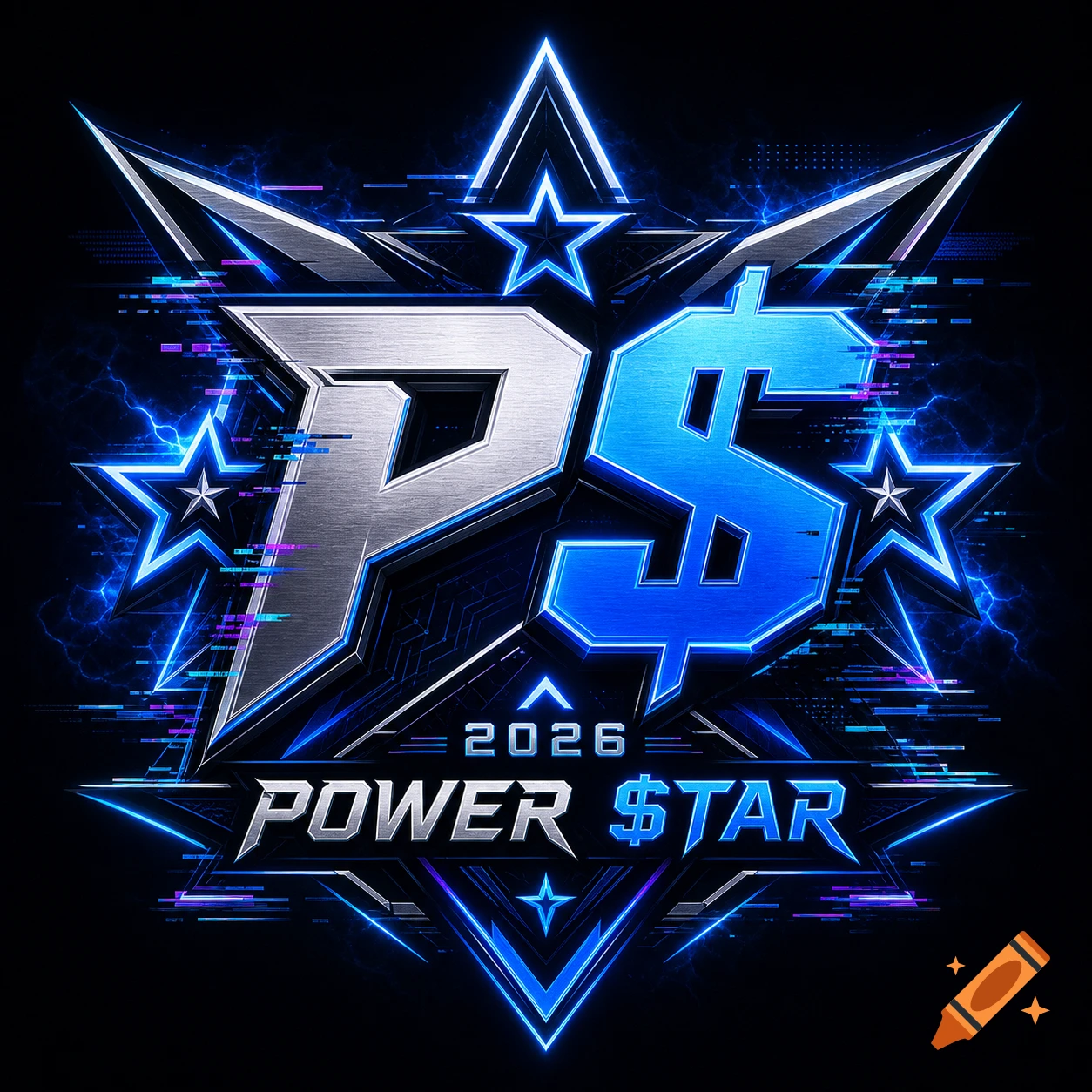 A futuristic esports logo featuring silver 'P', blue '$', '2026' and 'POWER $TAR' text, with neon blue stars and lightning on black.
