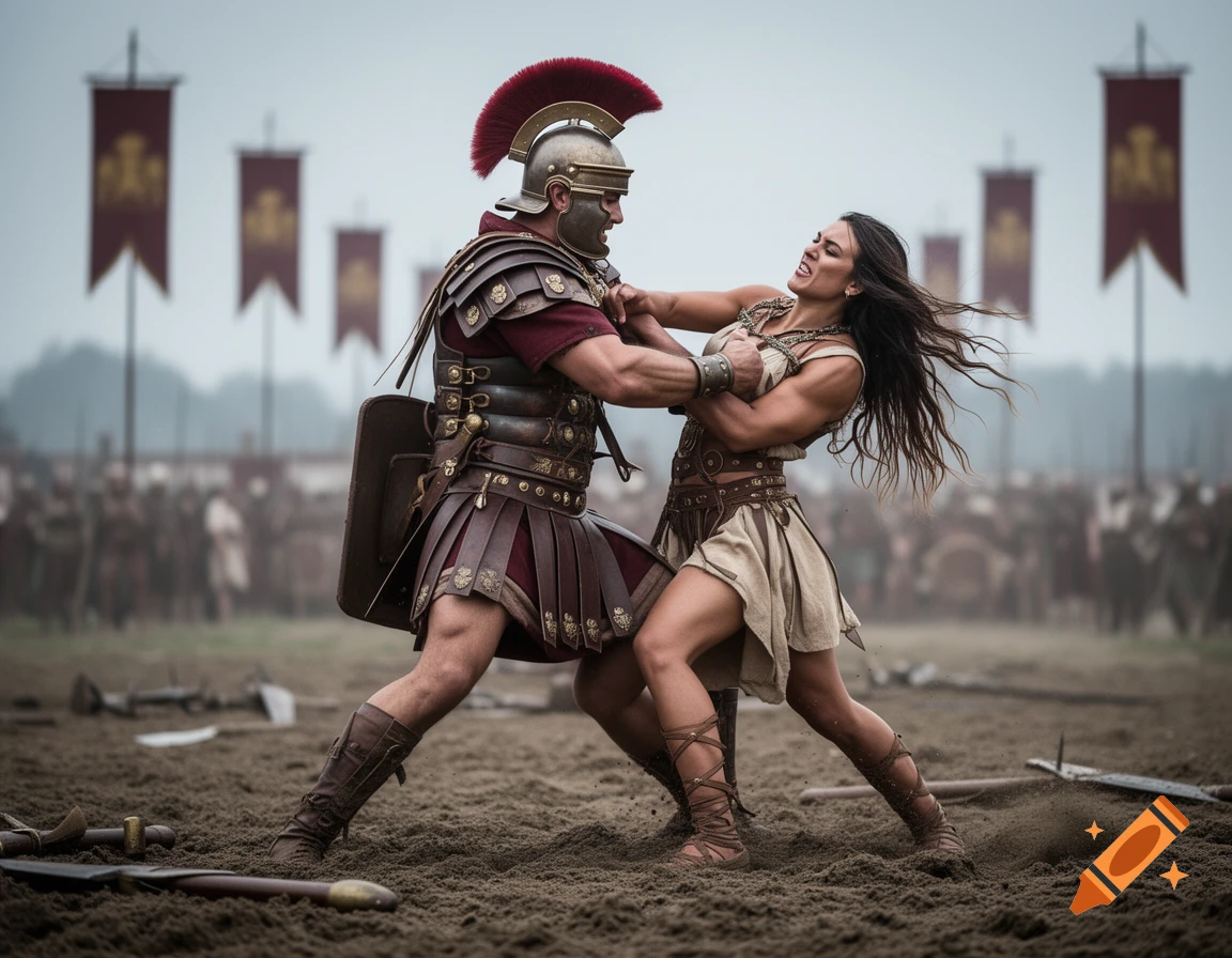 A Roman soldier in armor struggles with a fierce Amazonian woman on a battlefield.