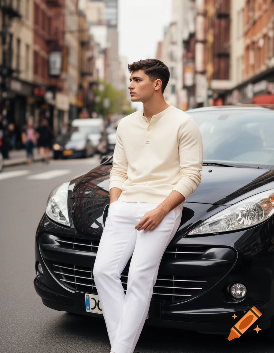 A stylish young man in white trousers and a cream shirt leans against a black car on an urban street, looking left.
