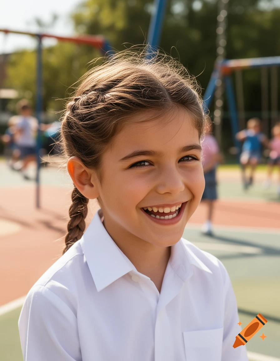 Photorealistic portrait of a smiling young girl with braided hair, wearing a white shirt, at a sunny playground.